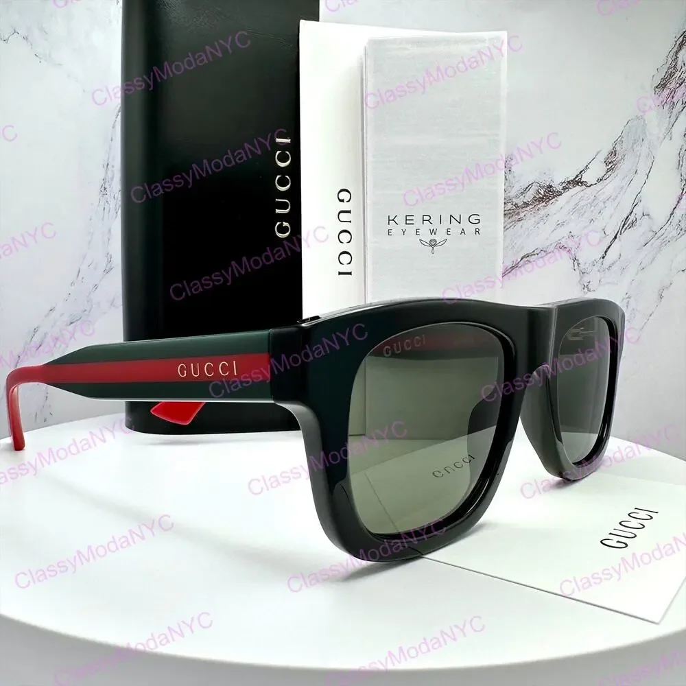 New GUCCI Sunglasses Mens 52mm Black Square Rectangle Aviator Red Green Web Arm
